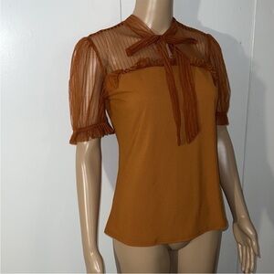 BLU Pepper Tie Neck short sleeve lace sheer Blouse top M burnt orange